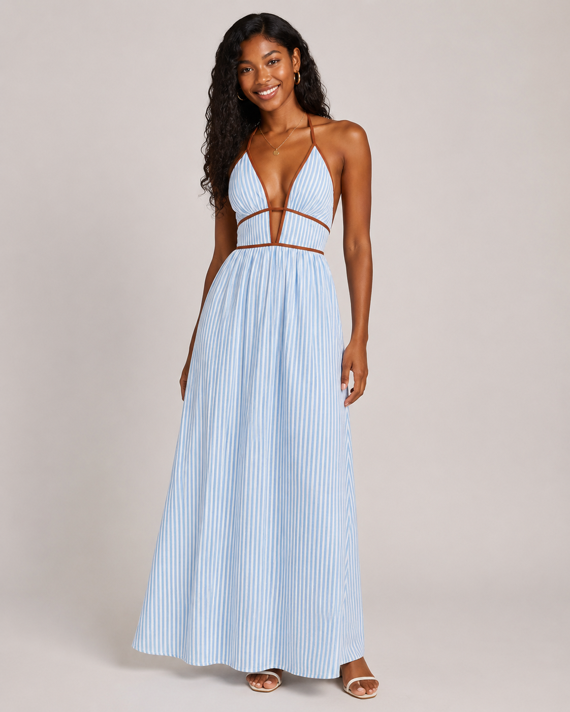 Striped Halter Maxi Dress - Deep V-Neck Backless Summer Vacation Beach Sundress