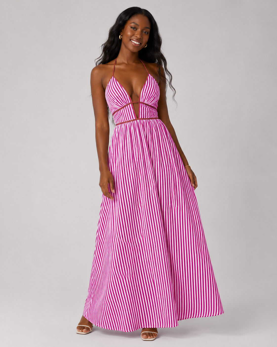 Striped Halter Maxi Dress - Deep V-Neck Backless Summer Vacation Beach Sundress