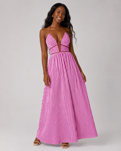Striped Halter Maxi Dress - Deep V-Neck Backless Summer Vacation Beach Sundress