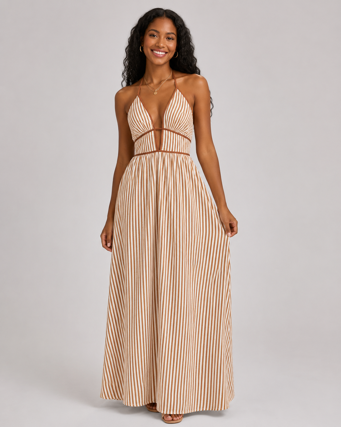 Striped Halter Maxi Dress - Deep V-Neck Backless Summer Vacation Beach Sundress