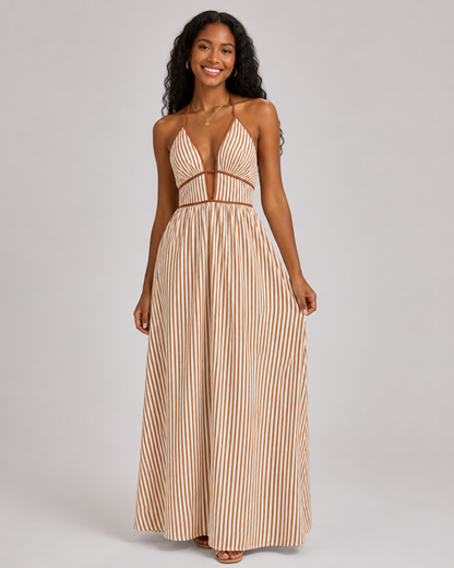Striped Halter Maxi Dress - Deep V-Neck Backless Summer Vacation Beach Sundress