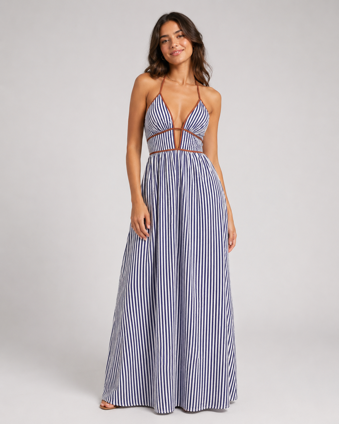 Striped Halter Maxi Dress - Deep V-Neck Backless Summer Vacation Beach Sundress