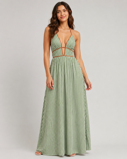 Striped Halter Maxi Dress - Deep V-Neck Backless Summer Vacation Beach Sundress