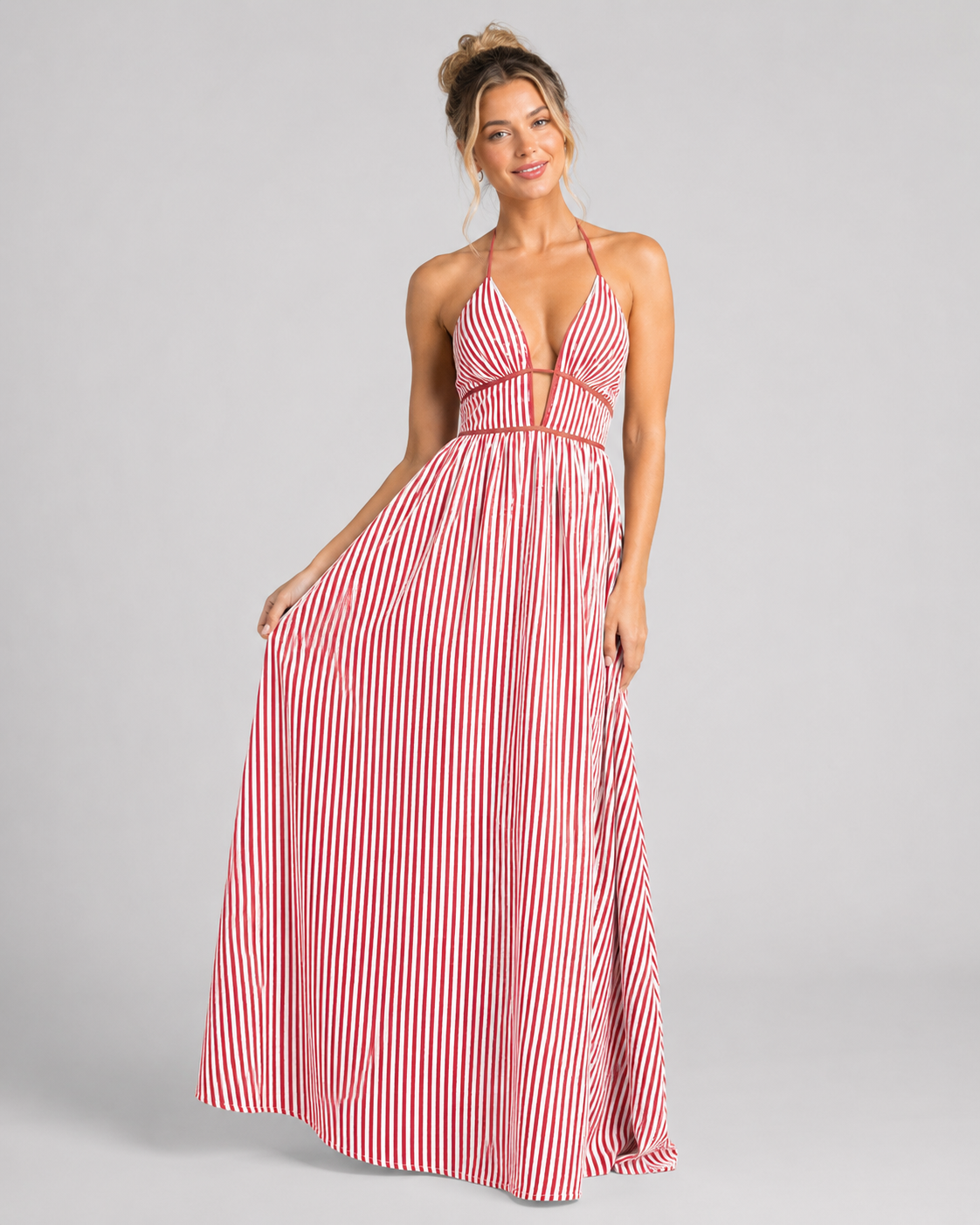 Striped Halter Maxi Dress - Deep V-Neck Backless Summer Vacation Beach Sundress