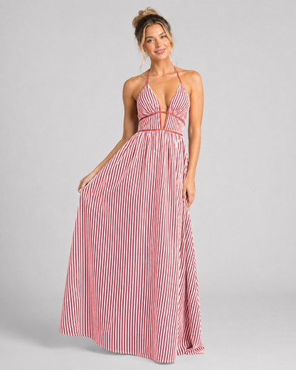 Striped Halter Maxi Dress - Deep V-Neck Backless Summer Vacation Beach Sundress