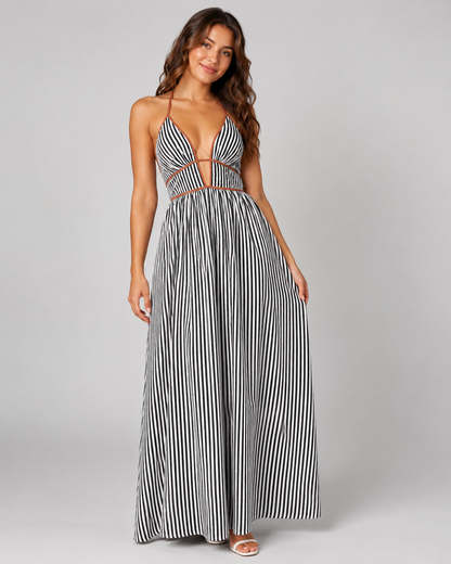 Striped Halter Maxi Dress - Deep V-Neck Backless Summer Vacation Beach Sundress