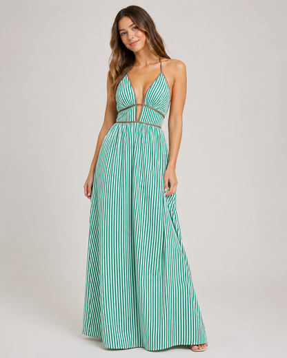 Striped Halter Maxi Dress - Deep V-Neck Backless Summer Vacation Beach Sundress