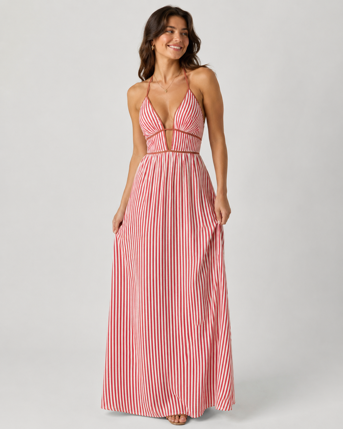 Striped Halter Maxi Dress - Deep V-Neck Backless Summer Vacation Beach Sundress