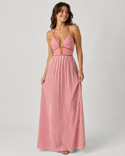 Striped Halter Maxi Dress - Deep V-Neck Backless Summer Vacation Beach Sundress