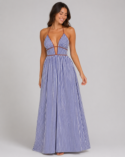 Striped Halter Maxi Dress - Deep V-Neck Backless Summer Vacation Beach Sundress