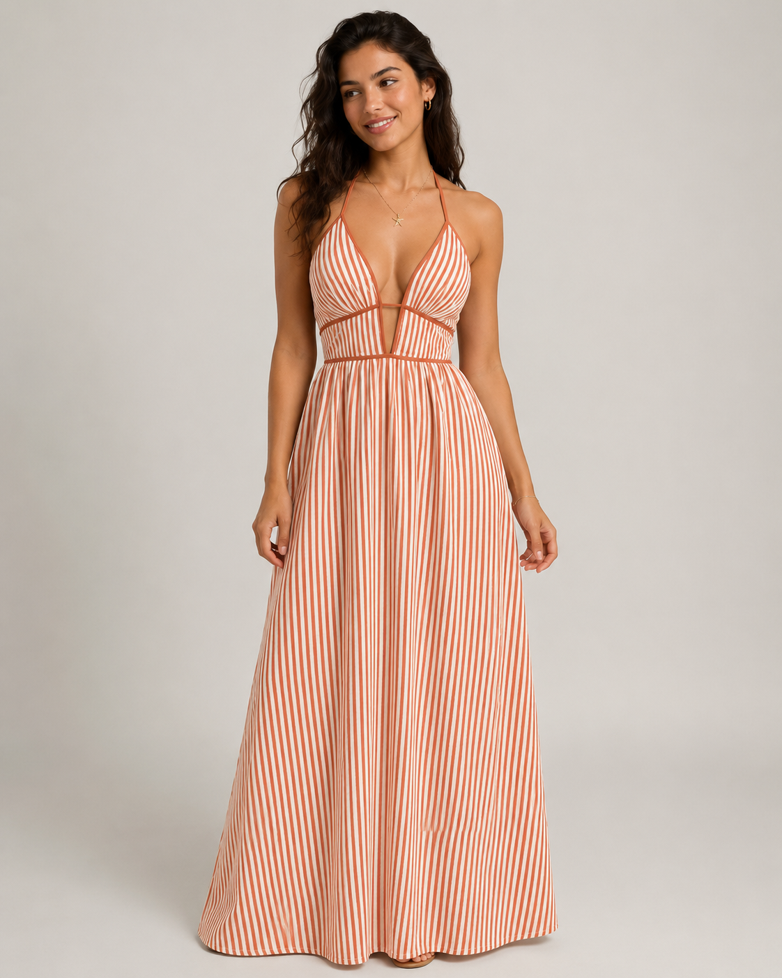 Striped Halter Maxi Dress - Deep V-Neck Backless Summer Vacation Beach Sundress