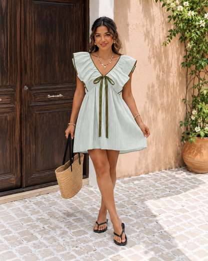 Striped Ruffle Sleeve Mini Dress – Casual V-Neck Tie Front Babydoll Sundress