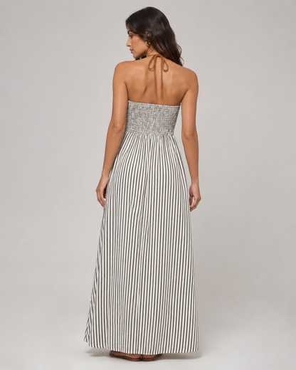 Striped Halter Maxi Dress - Deep V-Neck Backless Summer Vacation Beach Sundress