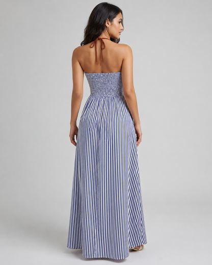 Striped Halter Maxi Dress - Deep V-Neck Backless Summer Vacation Beach Sundress