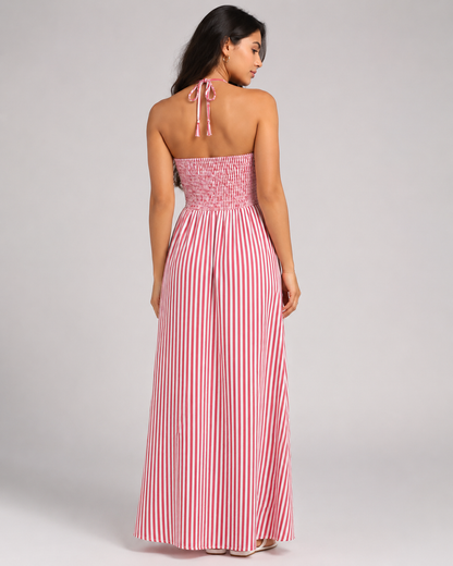Striped Halter Maxi Dress - Deep V-Neck Backless Summer Vacation Beach Sundress