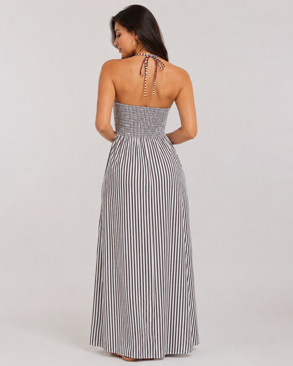 Striped Halter Maxi Dress - Deep V-Neck Backless Summer Vacation Beach Sundress