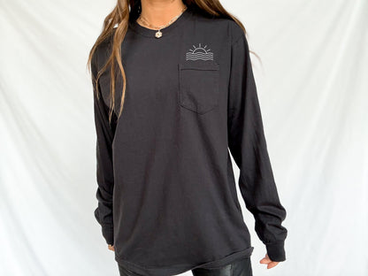 Sun & Wave Lake Beach Vacation Pocket Comfort Colors Long Sleeve Shirt