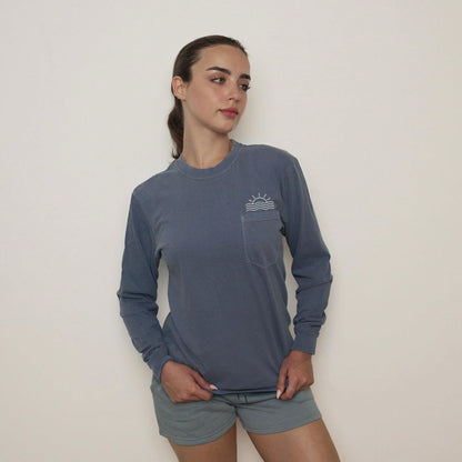 Sun & Wave Lake Beach Vacation Pocket Comfort Colors Long Sleeve Shirt
