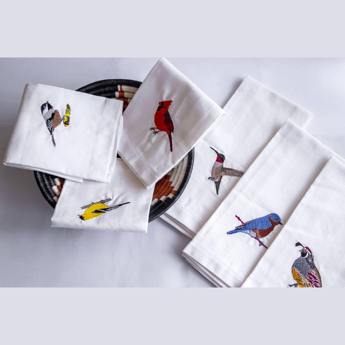 Bird Embroidered Cotton Tea Towels - Handmade Kitchen Gift