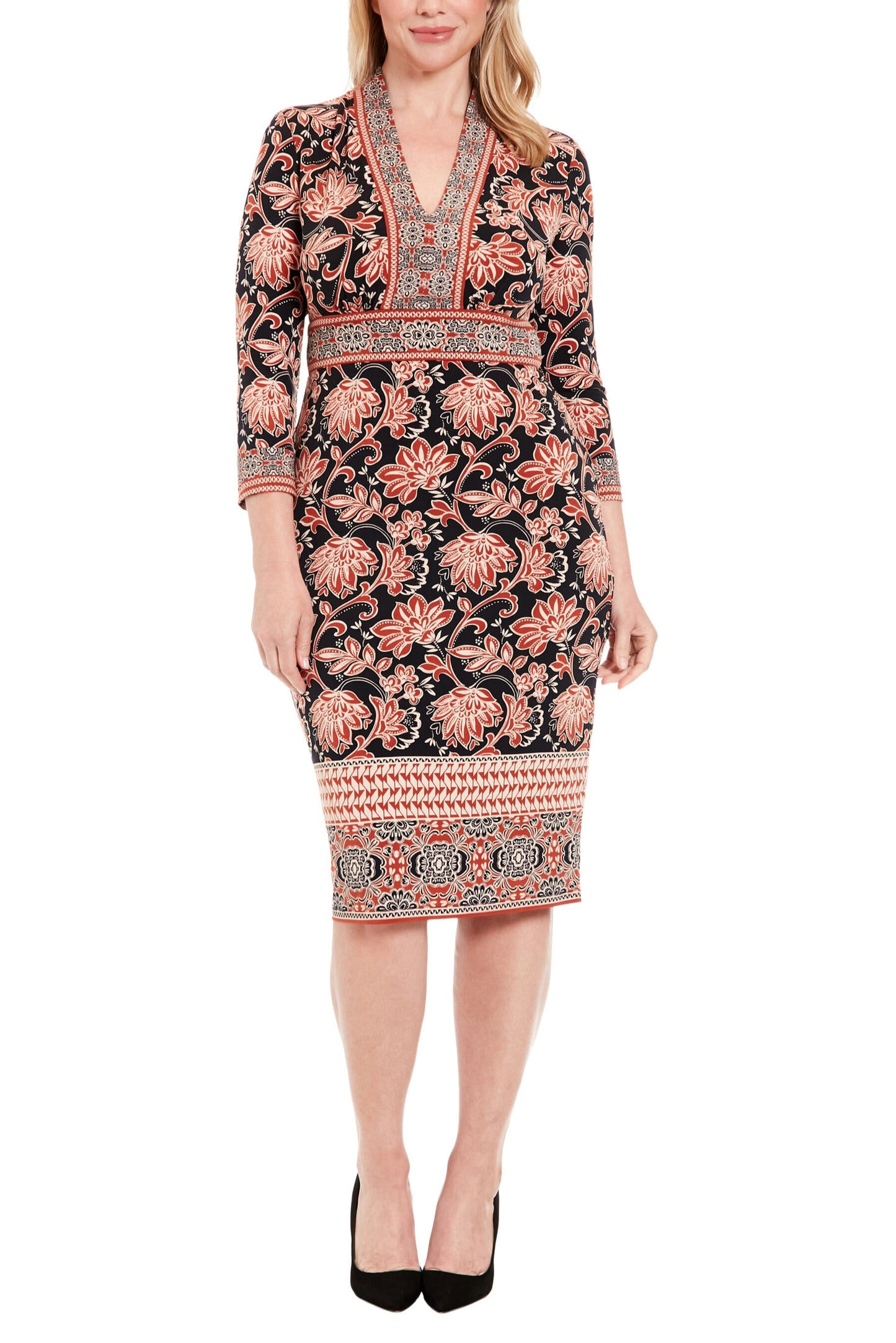London Times Intricate Floral Paisley Print V-Neckline Three-Quarter Sleeves Sheath Dress