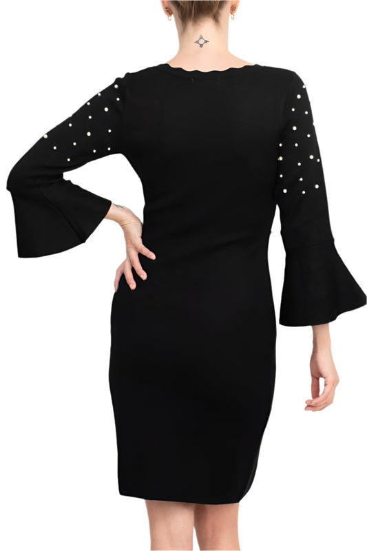London Times Scoop Neckline Delicate Ruffles Pearl Detailing Valoria Knit Dress