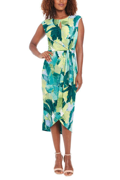 London Times Keyhole Neckline Sleeveless Waist Tie Tulip Hem Sheath Silhouette Midi Dress