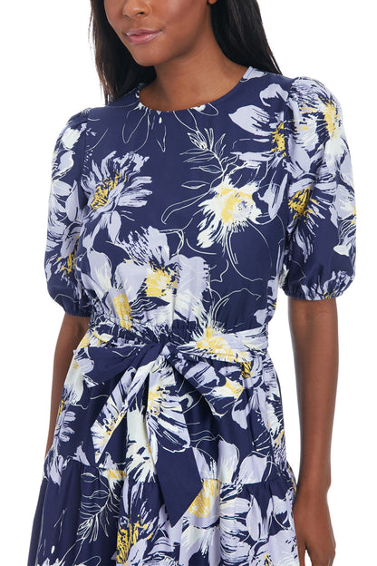London Times Pip Printed Jewel Neckline Puff Sleeves Waist Tie Tiered Skirt Midi Dress
