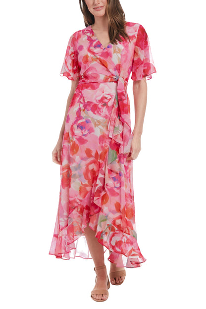 London Times Floral Print Surplice V-Neck Short Sleeves Ruffled High-Low Hem Faux-Wrap Silhouette Chiffon Maxi Dress