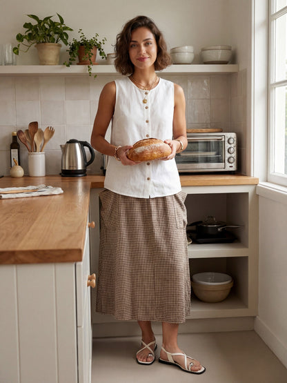 100% Linen Elastic Waist Skirt MARINA
