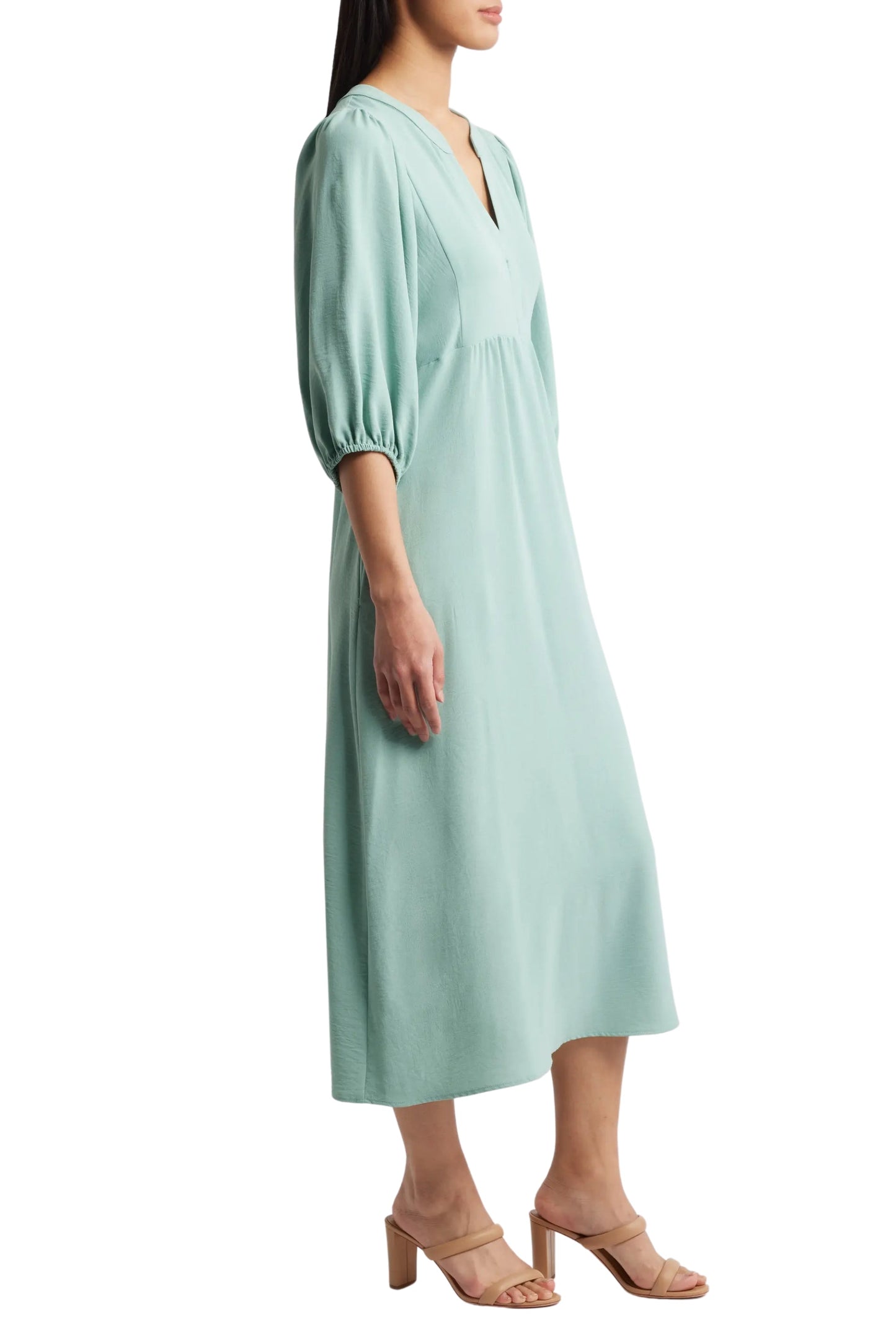 Connected Apparel Round Deep V-Neck 3/4 Puff Sleeves Maxi Dress