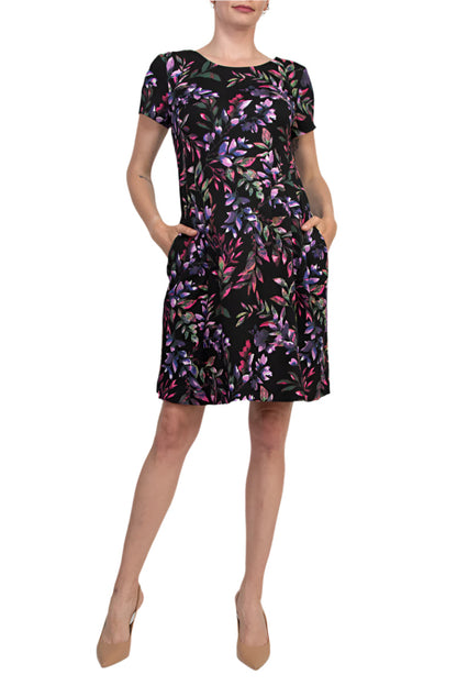 Connected Apparel Rounded Boat Neckline All-Over Floral Print Side Seam Pockets A-Line Dress