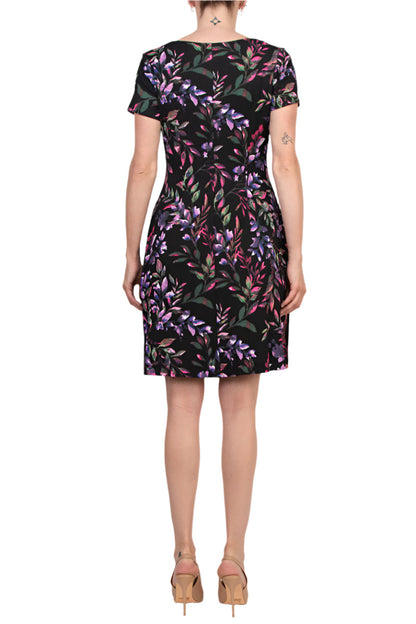 Connected Apparel Rounded Boat Neckline All-Over Floral Print Side Seam Pockets A-Line Dress