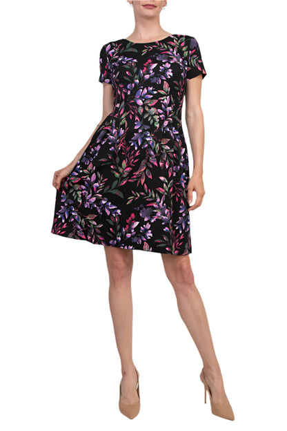 Connected Apparel Rounded Boat Neckline All-Over Floral Print Side Seam Pockets A-Line Dress
