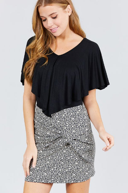 Juniors Black V-Neck Cape Flounce Top