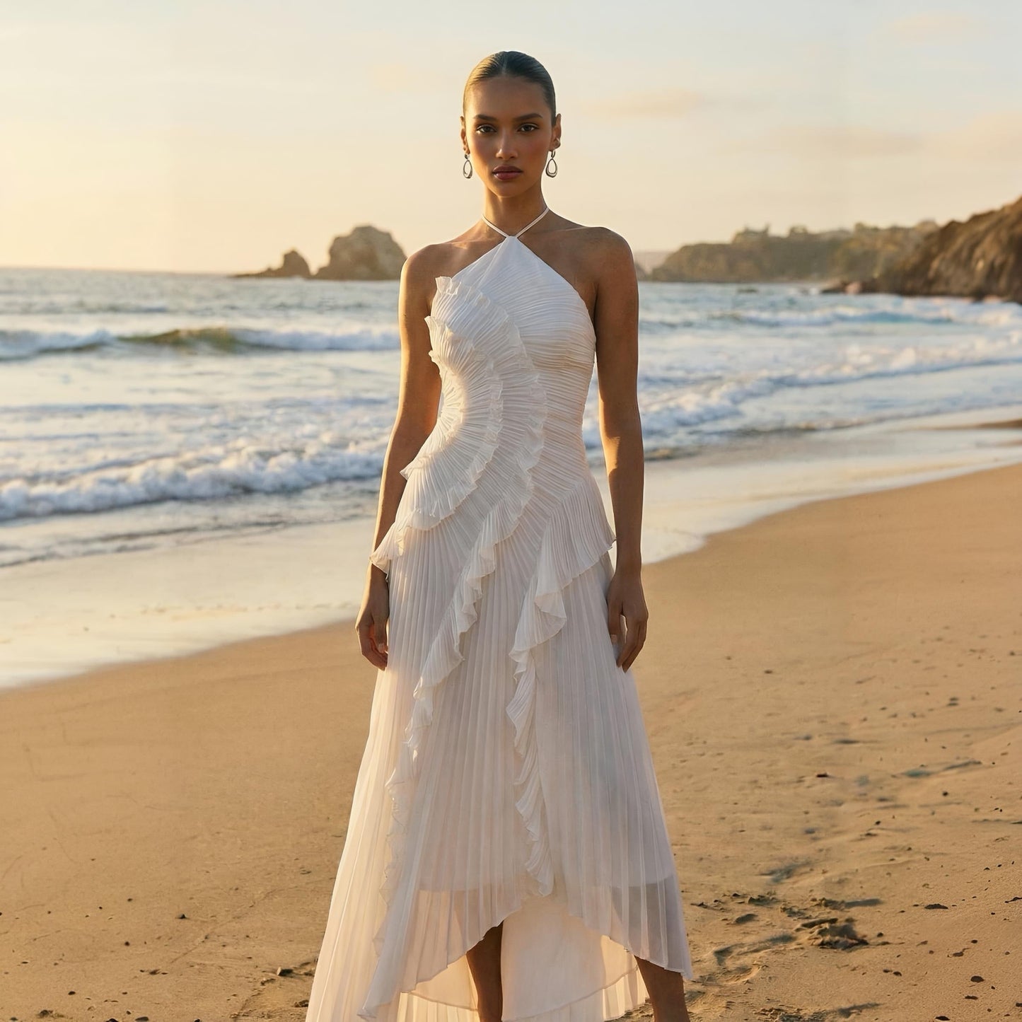 Tea Rose White Pleated Midi Dress