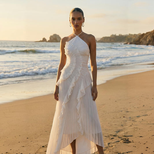 Tea Rose White Pleated Midi Dress
