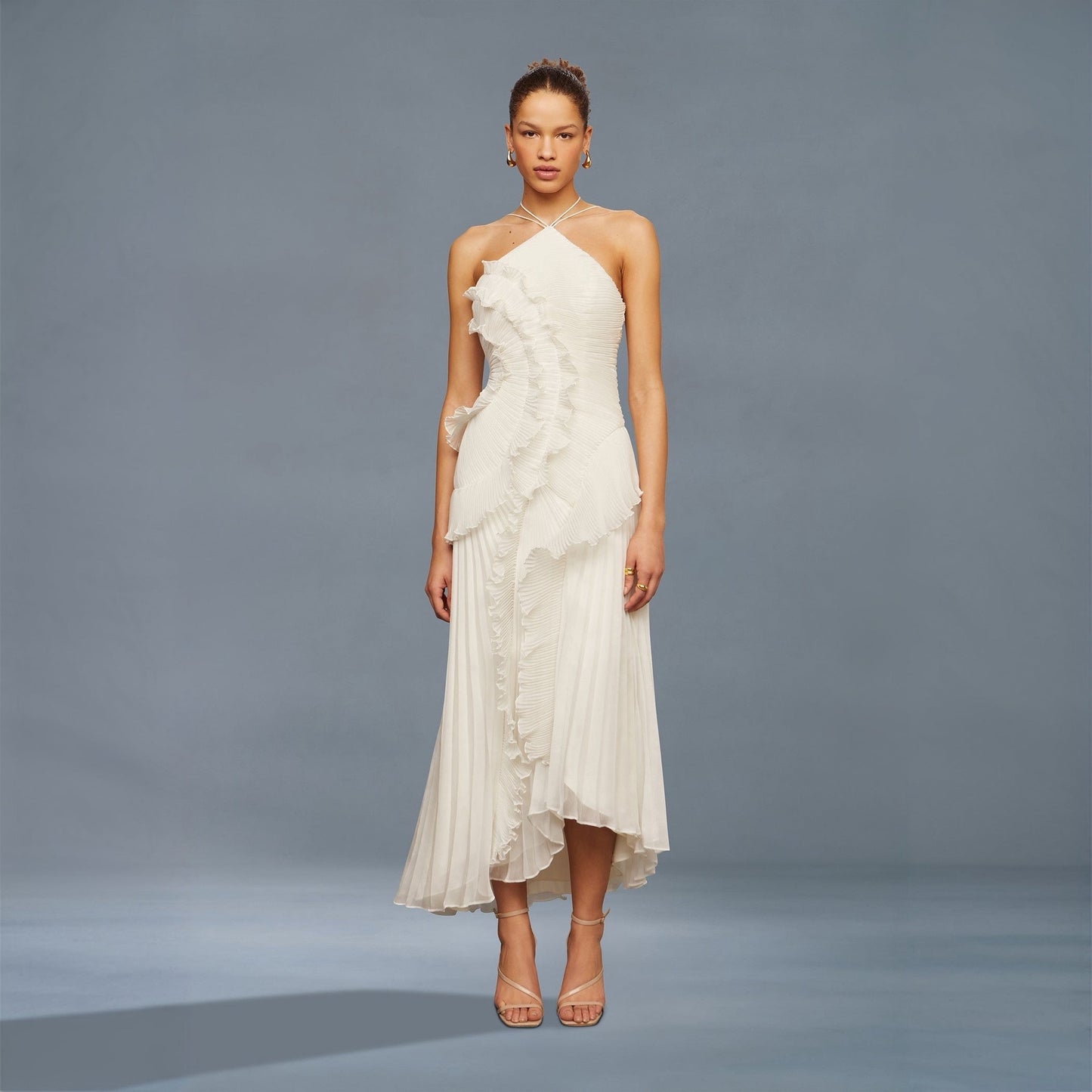 Tea Rose White Pleated Midi Dress