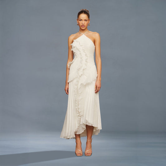 Tea Rose White Pleated Midi Dress