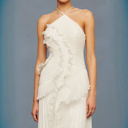 Tea Rose White Pleated Midi Dress