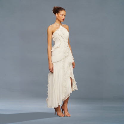 Tea Rose White Pleated Midi Dress