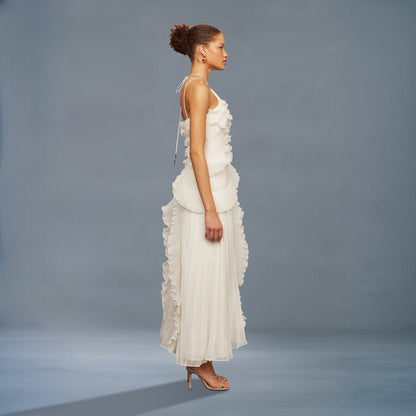 Tea Rose White Pleated Midi Dress