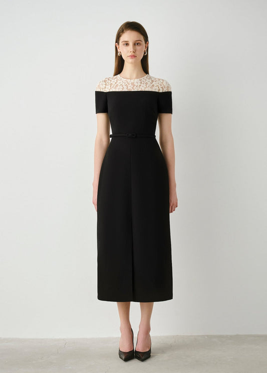 Crepe Midi Dress with Lace Detail