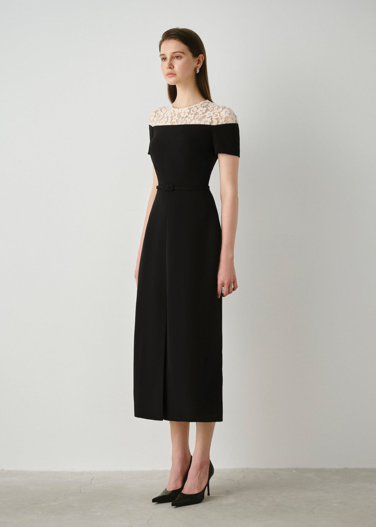 Crepe Midi Dress with Lace Detail