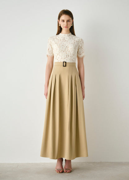 Lace-Bodice Belted Maxi Dress