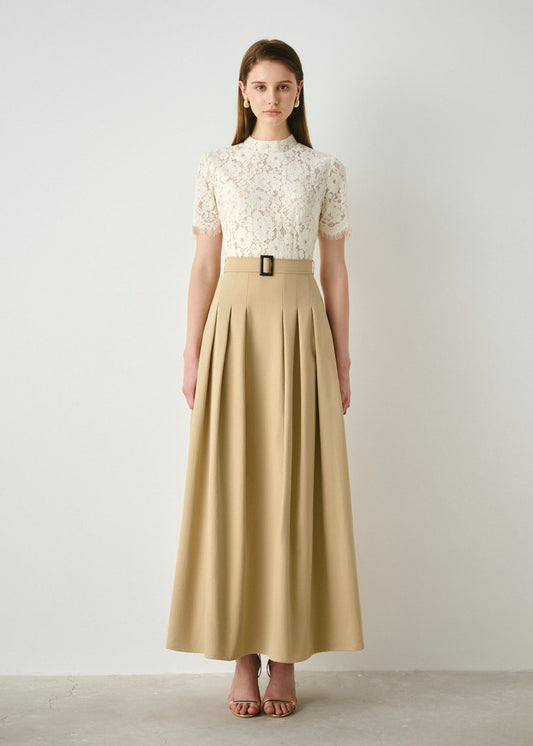 Lace-Bodice Belted Maxi Dress
