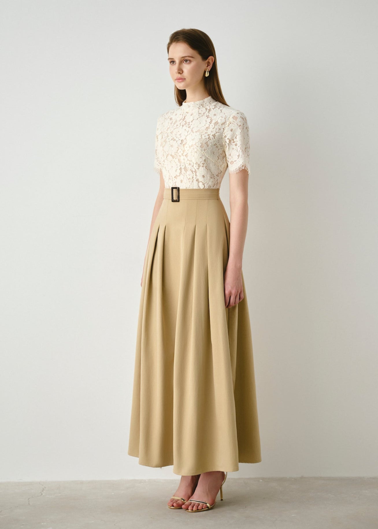 Lace-Bodice Belted Maxi Dress
