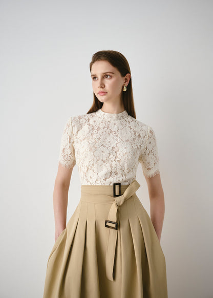 Lace-Bodice Belted Maxi Dress
