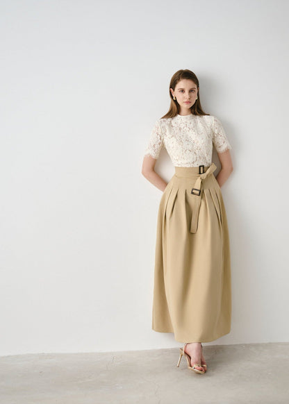 Lace-Bodice Belted Maxi Dress