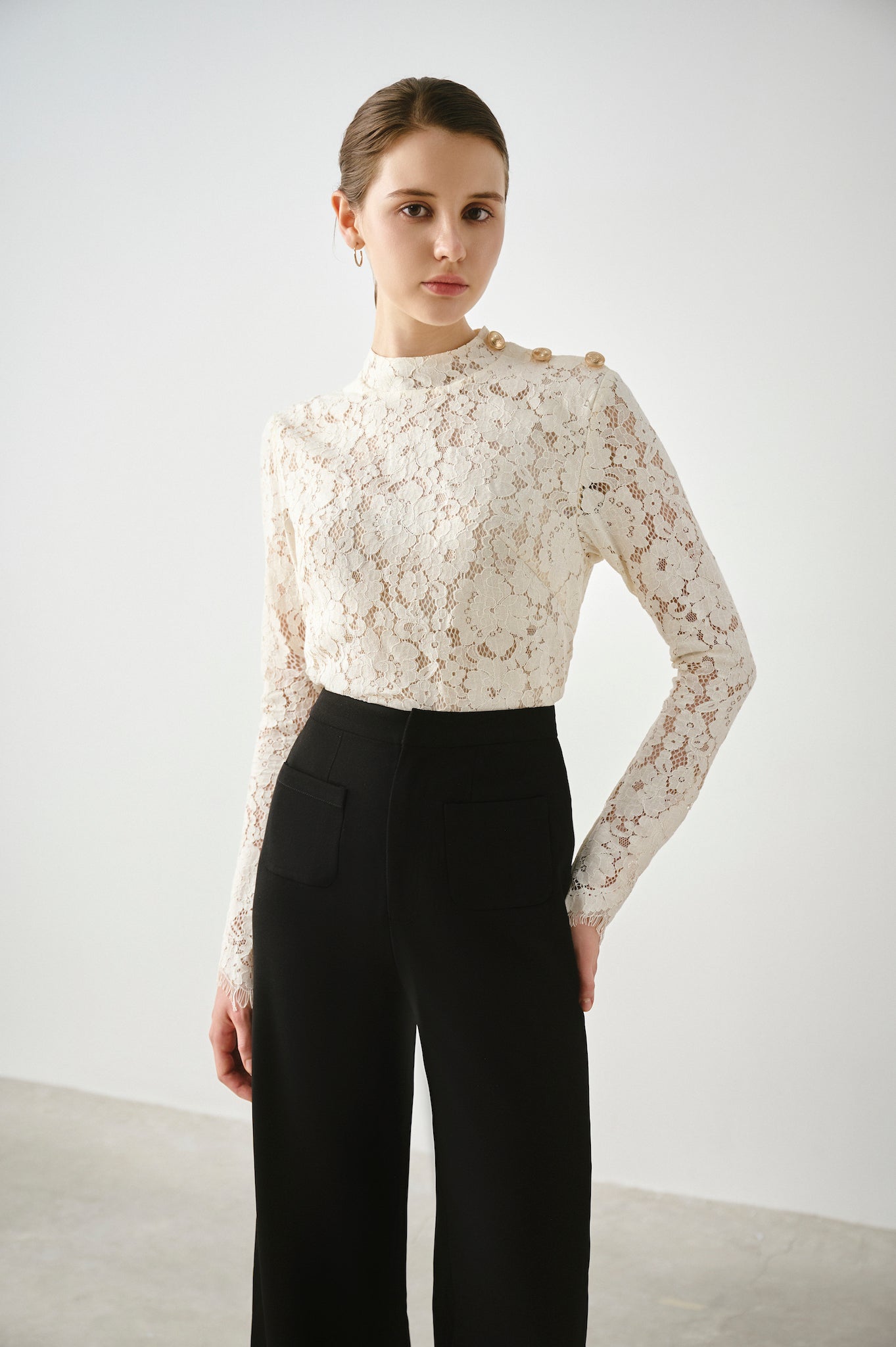 Button Shoulder Lace Top