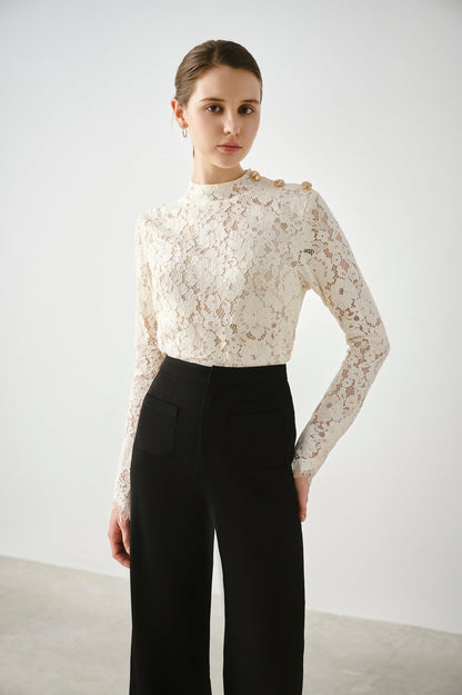 Button Shoulder Lace Top